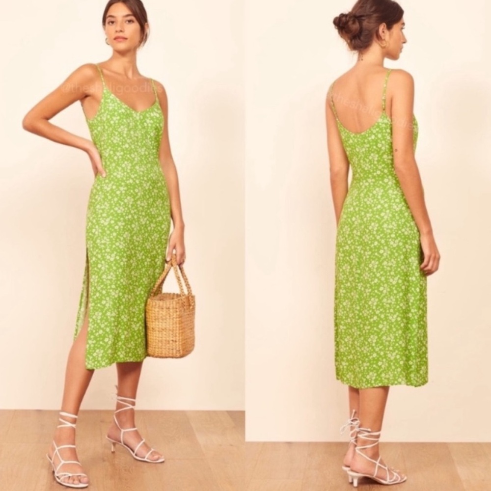 REFORMATION Crimini Midi Slip Dress, green white floral pattern dress, size 4